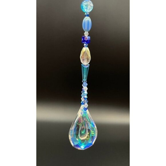 Beaded Suncatcher - Blue - Clear Crystal Prism - Indoor Outdoor Hanging Decor - Picture 8 of 14
